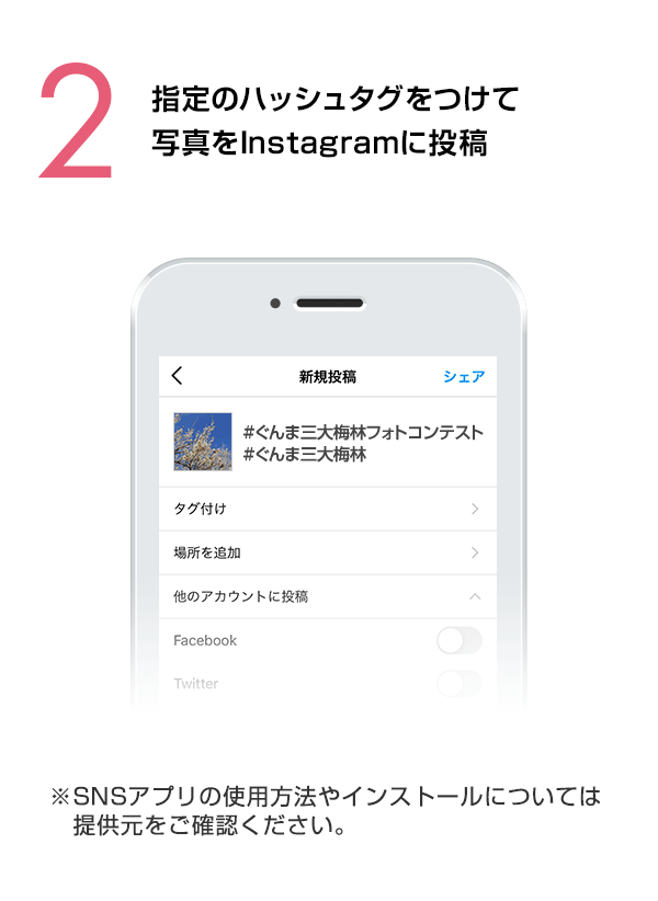指定のハッシュタグをつけて写真をInstagramに投稿　（※SNSアプリの使用方法やインストールについては提供元をご確認ください。）
