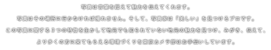 写真は言葉を超えて魅力を伝えてくれます。写真はその場所に行かなければ撮れません。そして、写真家は「美しい」を見つけるプロです。この写真に関する３つの特徴を生かして地元でも知られていない地元の魅力を見つけ、みがき、伝えて、より多くの方に来てもらえる環境づくりを東京カメラ部はお手伝いしています。