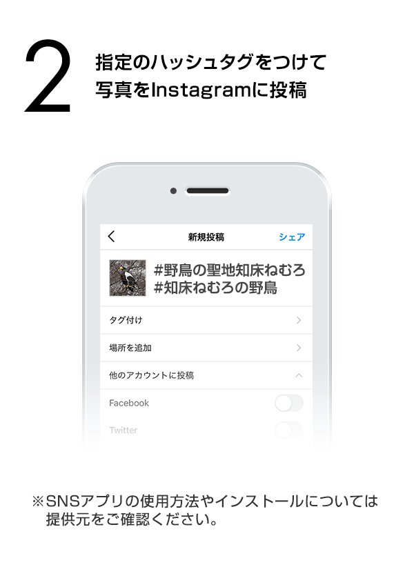 指定のハッシュタグをつけて写真をInstagramに投稿　（※SNSアプリの使用方法やインストールについては提供元をご確認ください。）