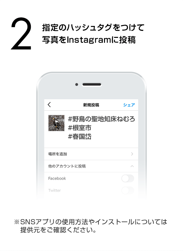 指定のハッシュタグをつけて写真をInstagramに投稿　（※SNSアプリの使用方法やインストールについては提供元をご確認ください。）